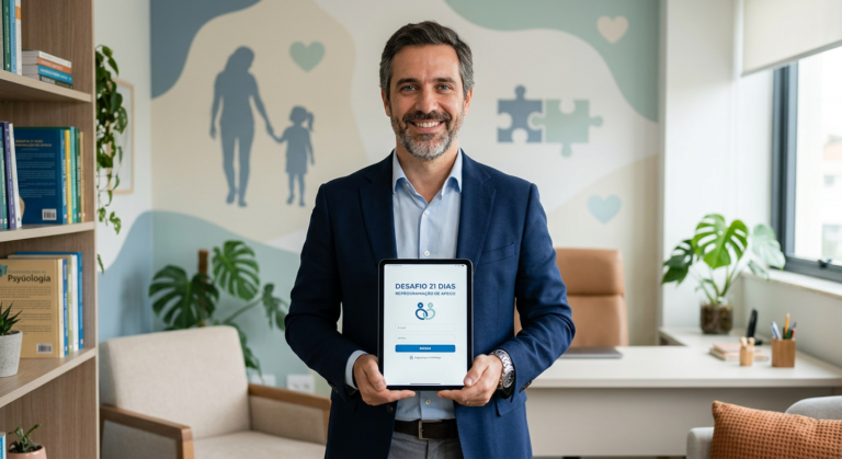 Psicólogo Mateus José segurando tablet com tela de login do Desafio 21 Dias: Reprogramação de Apego, em ambiente profissional.