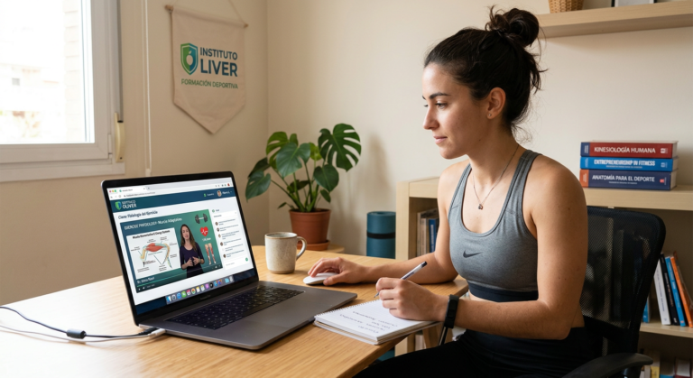 Estudante de Educação Física realizando aula EAD do Instituto Óliver, com laptop, ícones de fitness e materiais de estudo ao fundo.