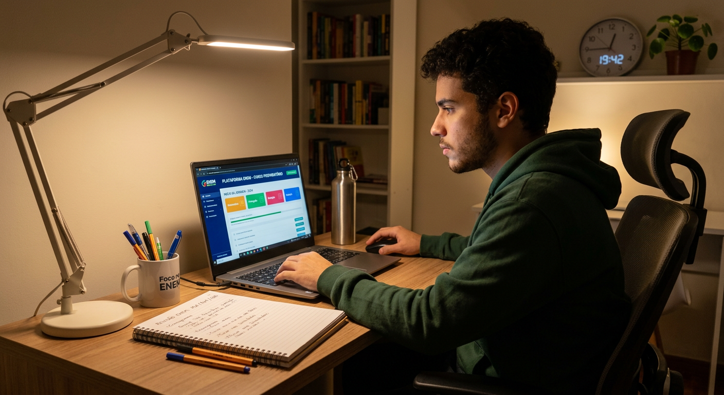 Estudante focada em seu curso preparatório online para o ENEM, com laptop e materiais de estudo na mesa, representando o início da jornada.