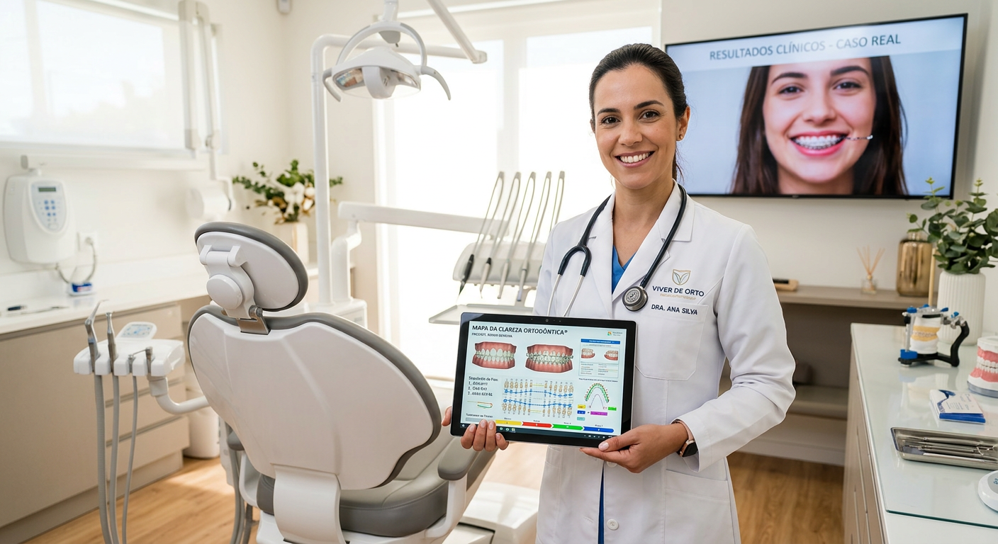 Dentista analisando plano ortodôntico com o método Mapa da Clareza Ortodôntica® em tablet, dentro de clínica moderna.
