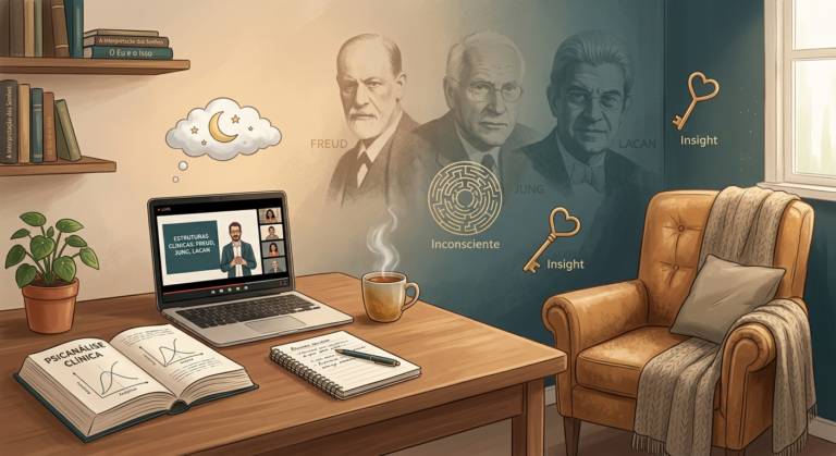 Ilustração de um ambiente de estudo online para a Formação Profissional em Psicanálise Clínica, com livro aberto, laptop, xícara de chá e símbolos da psicanálise como Freud e o inconsciente.