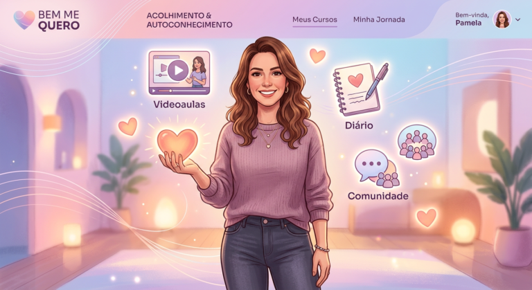 Ilustração de Pamela Magalhães, criadora da plataforma Bem Me Quero, simbolizando amor‑próprio com um coração luminoso e ícones de curso online.