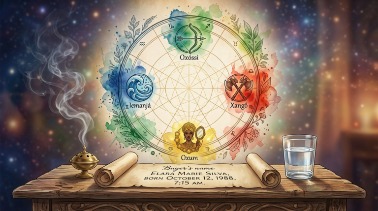 Mapa astrológico personalizado dos Orixás com símbolos de cada divindade, cores espirituais e elementos de altar de Umbanda.