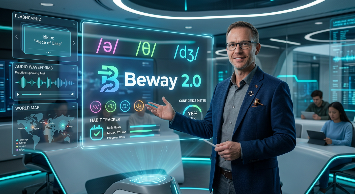Professor Jonas apresentando o curso Beway 2.0 em um ambiente digital futurista com hologramas de aprendizado de inglês.