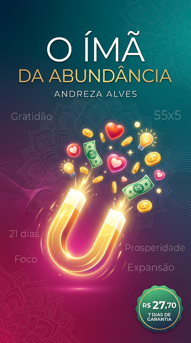 Capa do e‑book "O Imã da Abundância" com um ímã dourado atraindo símbolos de dinheiro, amor e oportunidades, sobre fundo degradê teal‑magenta.