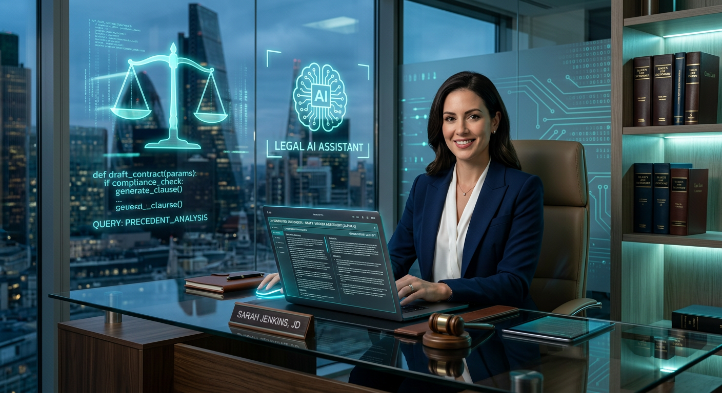 Advogado usando IA para gerar documentos jurídicos, com símbolos de justiça e tecnologia ao fundo