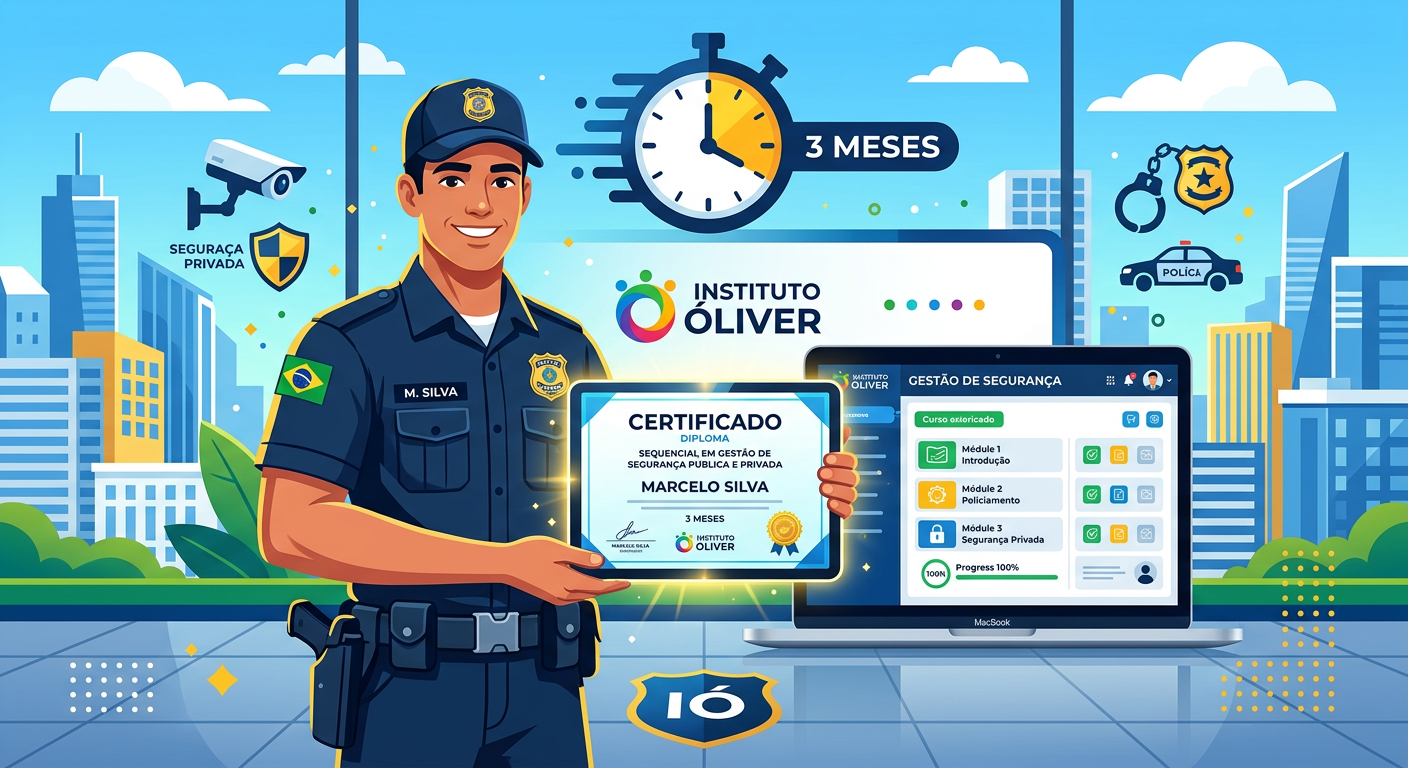 Ilustração de policial segurando diploma digital, representando o Curso Sequencial de Gestão de Segurança Pública e Privada do Instituto Óliver.