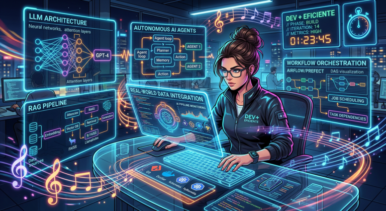 Engenheiro de software trabalhando com IA prática: LLMs, RAG, agentes e workflows em ambiente futurista.