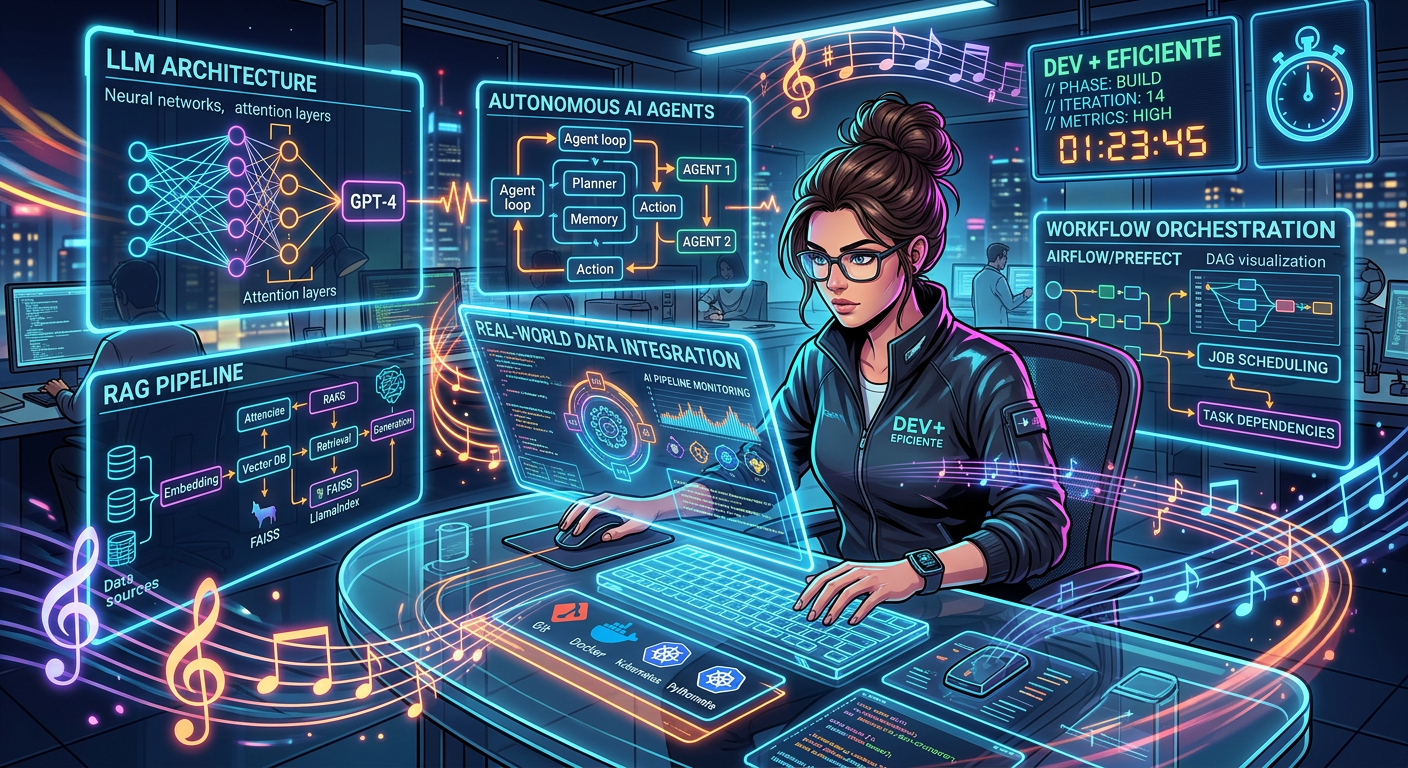 Engenheiro de software trabalhando com IA prática: LLMs, RAG, agentes e workflows em ambiente futurista.