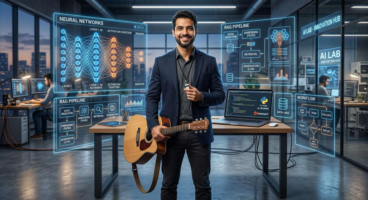 Illustration of AI engineer Alberto Luiz Oliveira Tavares de Souza with holographic AI, RAG, and music/sport symbols.