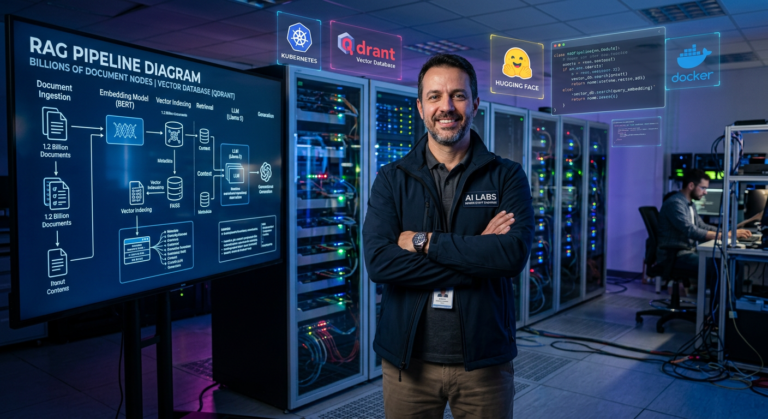 Alberto Luiz apresentando a Especialização Dev+Eficiente em Engenharia de IA, rodeado por servidores GPU e elementos de RAG e Kubernetes.