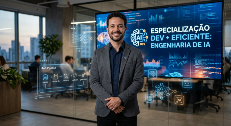 Alberto Luiz apresentando a Especialização Dev + Eficiente: Engenharia de IA