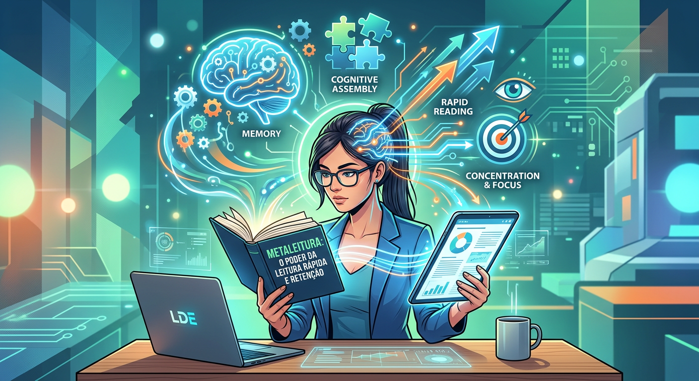Ilustração de pessoa praticando metaleitura, combinando leitura dinâmica e memorização com ícones de velocidade e memória ao redor.