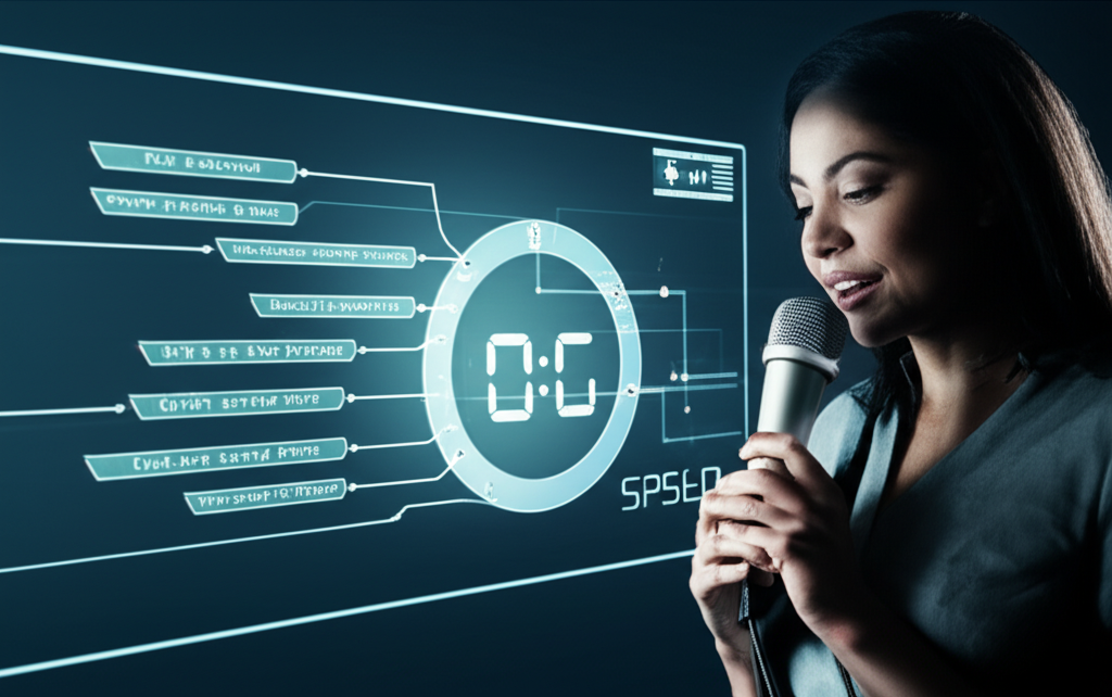SpeakAI Inglês Fácil – É Grátis Como Baixar Acesso Download 1 Interface digital simplificada exibindo frases em inglês prontas para uso, com um cronômetro indicando economia de tempo. Um usuário falando com confiança, simbolizando a redução do esforço manual no aprendizado de idiomas.