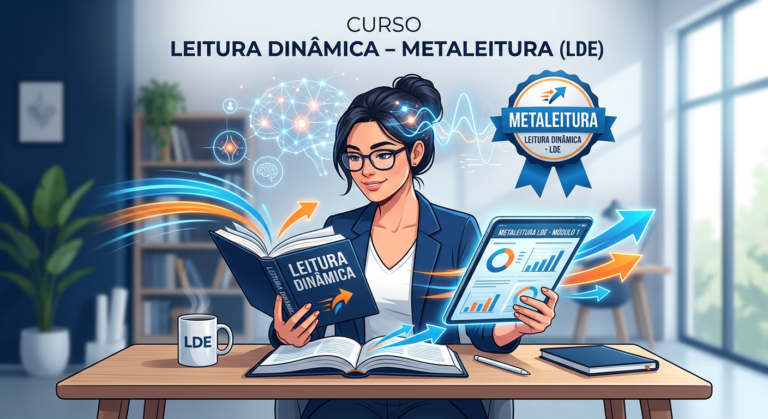 Ilustração de estudante usando o Curso Metaleitura de leitura dinâmica, rodeado por símbolos de velocidade e neurociência.
