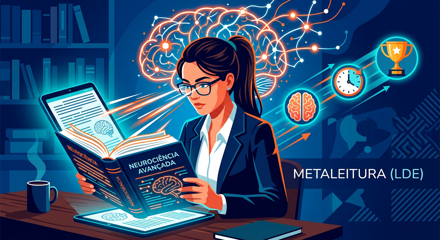 Ilustração de estudante avançado lendo rapidamente com efeitos de neurociência e ícones de velocidade e memória.