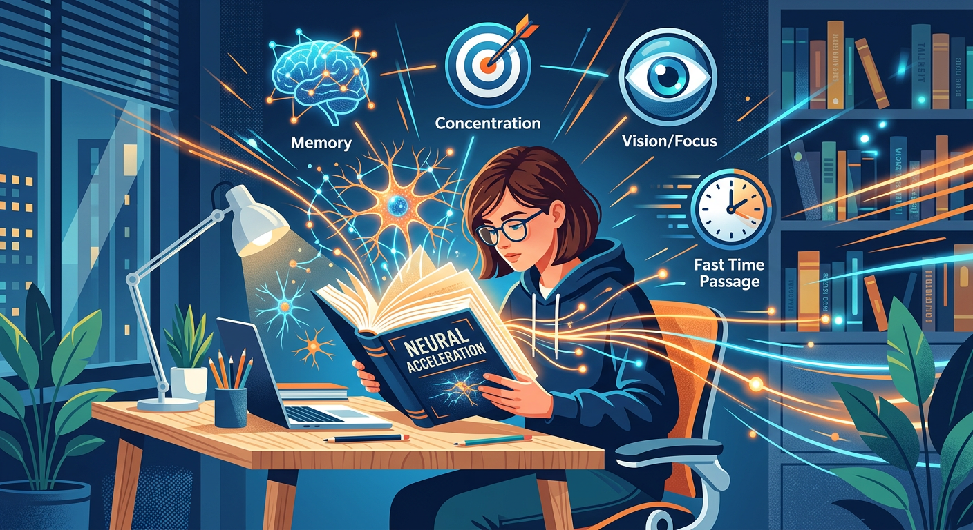 Ilustração de pessoa praticando Metaleitura com cérebro ativado, linhas de velocidade e ícones de memorização.