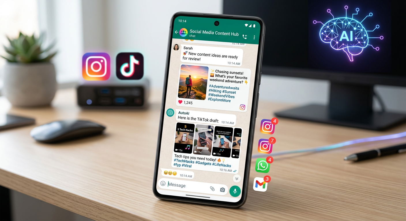 Smartphone displaying WhatsApp messages with ready‑to‑post social media content generated by ZapPost.