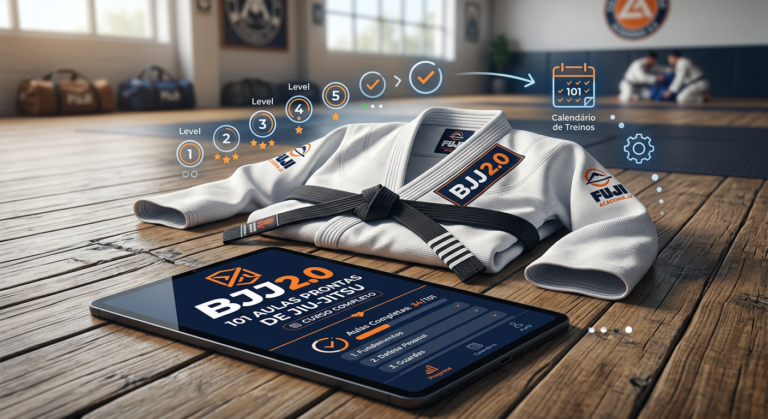 Ilustração de um kimono de Jiu‑Jitsu sobre tatame com tablet exibindo o logo do curso BJJ 2.0 – 101 Aulas Prontas de Jiu‑Jitsu e ícones de progressão.