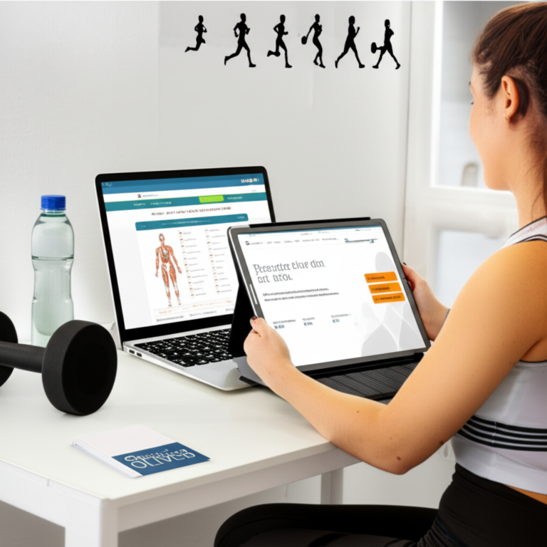 Educação Física EAD Óliver – É Grátis Como Baixar Acesso Download 5 Estudante de Educação Física estudando a distância com laptop, equipamentos esportivos e material de anatomia ao fundo.