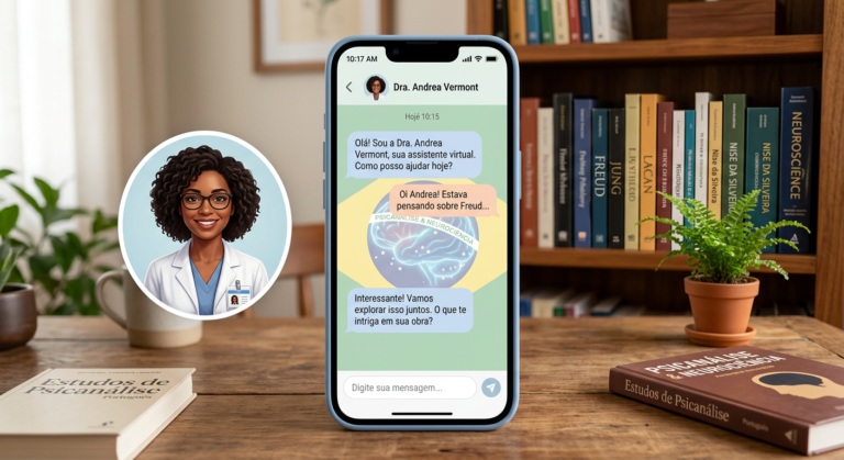 Chat de IA terapêutica no celular, inspirado na Dra. Andrea Vermont, com elementos de psicologia e neurociência.