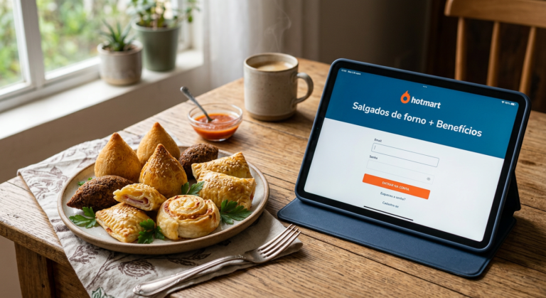 Assorted baked salgados de forno next to a tablet showing the login page of the Salgados de forno + Benefícios course on Hotmart.