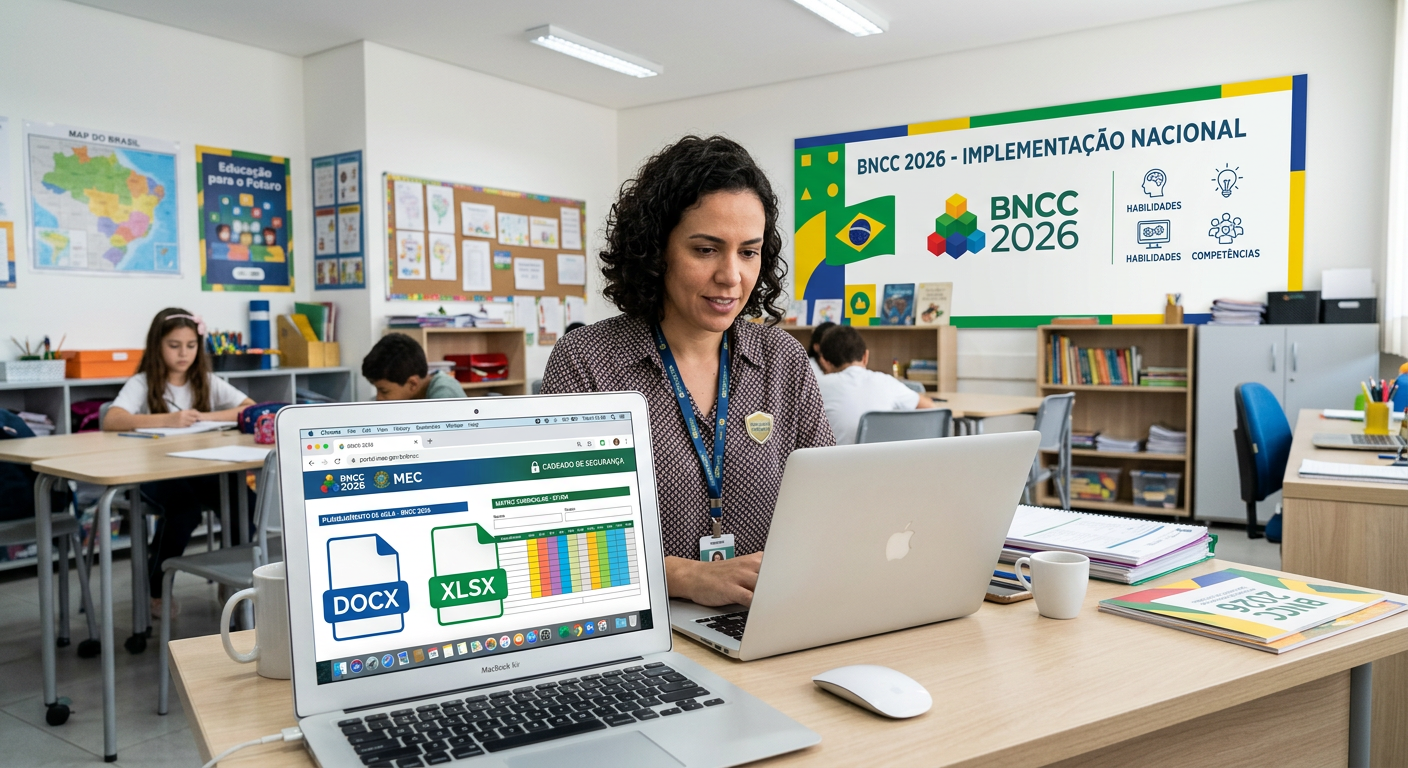 Professor usando planejamento digital BNCC 2026 em laptop, com ícones de documentos editáveis e selo de site oficial seguro.