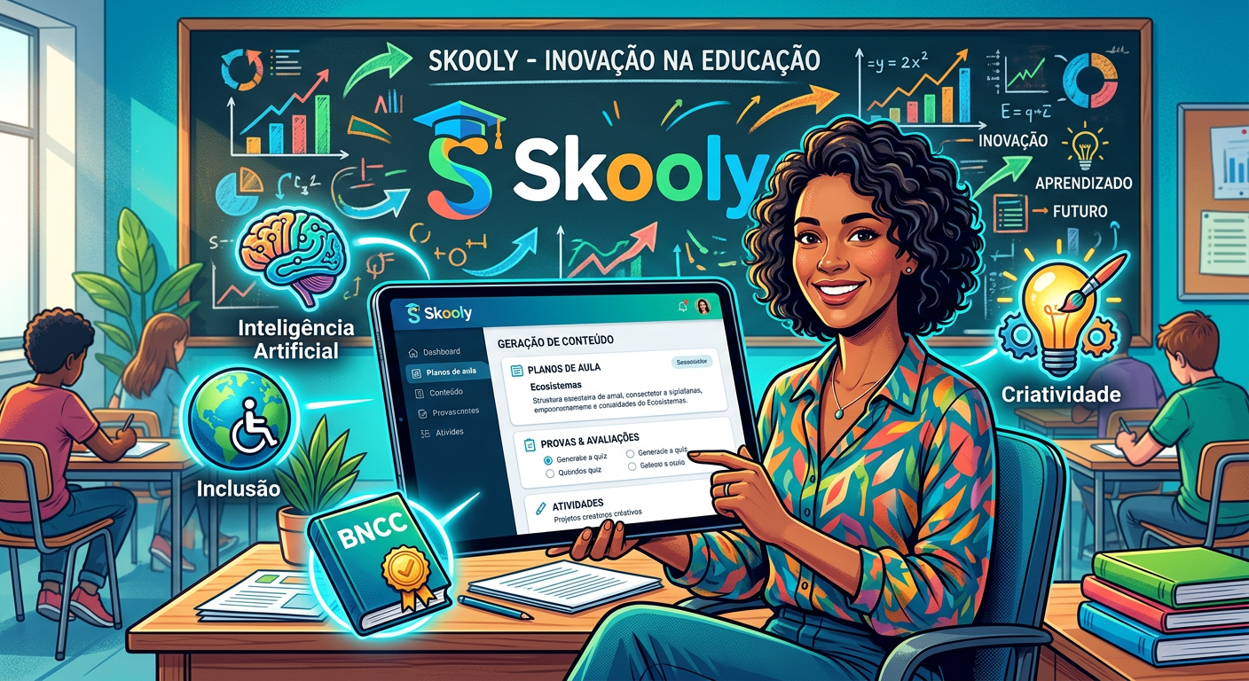Professora usando a plataforma Skooly IA em tablet, cercada por ícones de IA, inclusão, BNCC e criatividade, representando ferramentas de planejamento pedagógico.