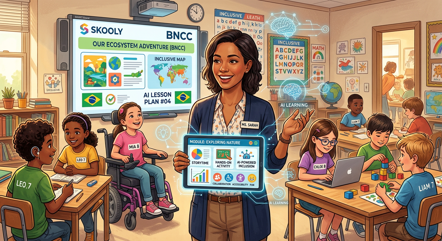 Professor usando tablet com planos de aula gerados por IA da Skooly, em sala inclusiva.