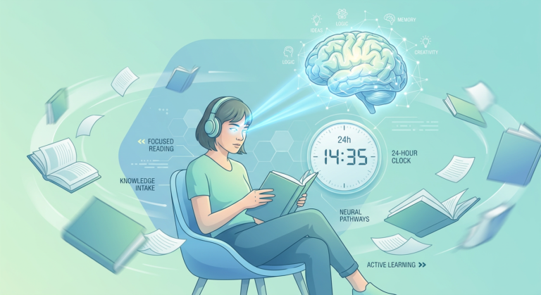 Ilustração de uma pessoa praticando metaleitura, rodeada de livros, relógio de 24 h e cérebro iluminado, simbolizando velocidade de leitura e retenção de informações.