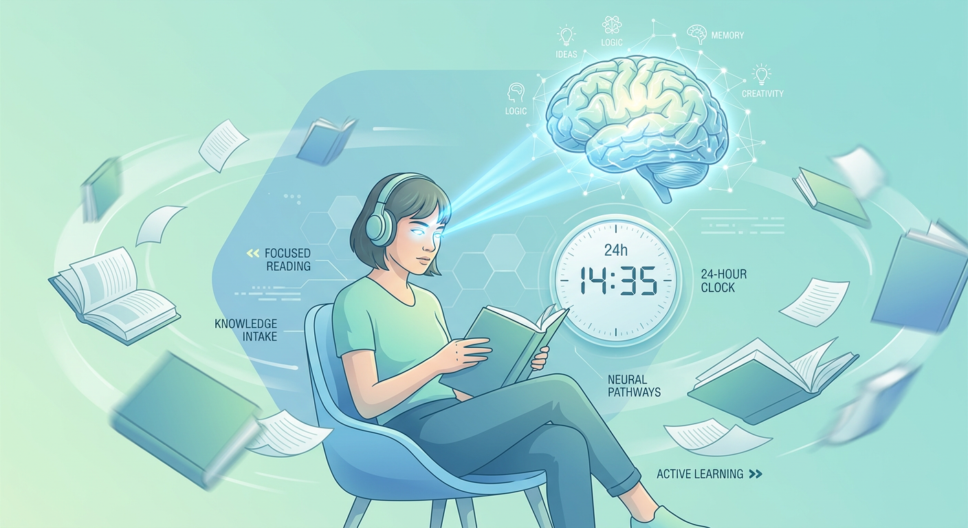 Ilustração de uma pessoa praticando metaleitura, rodeada de livros, relógio de 24 h e cérebro iluminado, simbolizando velocidade de leitura e retenção de informações.