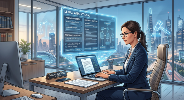 Advogado usando inteligência artificial em escritório moderno, com holograma de documentos jurídicos e símbolos da justiça ao fundo.