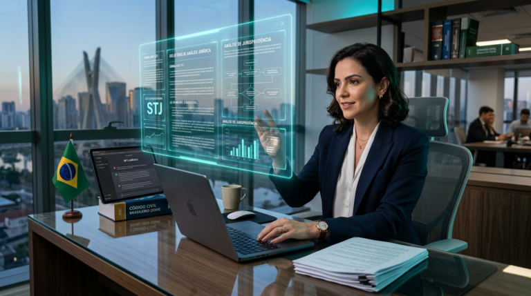 Advogado usando ferramentas de Inteligência Artificial em um ambiente de escritório moderno, com tela holográfica exibindo documentos jurídicos automatizados.