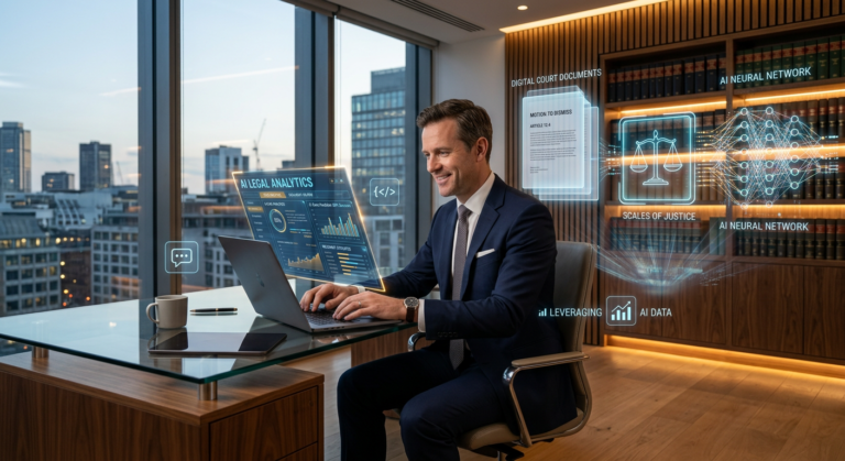 Advogado usando IA em escritório moderno, com documentos jurídicos holográficos e interface de inteligência artificial ao fundo.