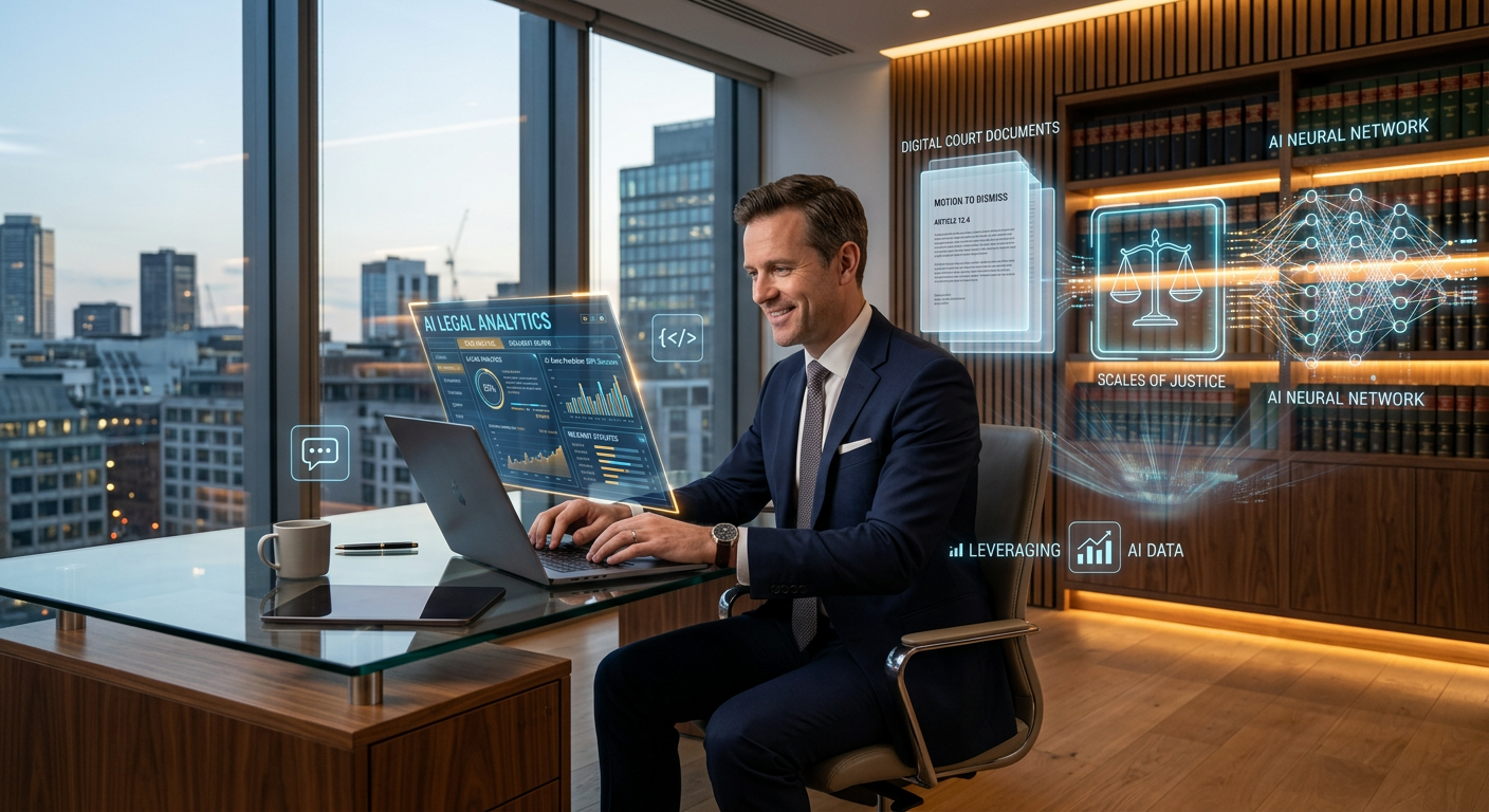 Advogado usando IA em escritório moderno, com documentos jurídicos holográficos e interface de inteligência artificial ao fundo.