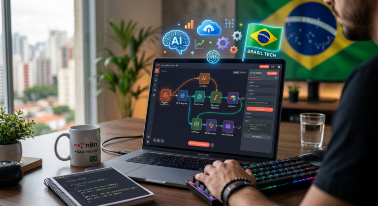 Ilustração do Pack N8N Automações IA mostrando fluxos de automação n8n integrados a ícones de IA e elementos da bandeira brasileira.