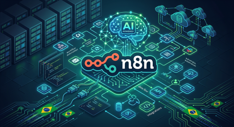 Ilustração de automações IA com n8n: logo n8n, símbolos de inteligência artificial, diagramas de workflow e servidores em fundo tecnológico.