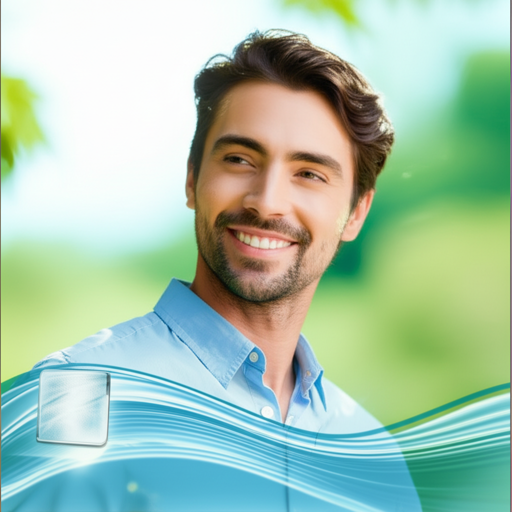 Homem sorrindo com confiança e serenidade, em um ambiente que transmite calma e bem-estar, com um toque sutil de azul e verde que remete à natureza e à fluidez. A imagem simboliza a praticidade e a eficácia de um suplemento para a performance masculina, refletindo clareza e facilidade de uso.