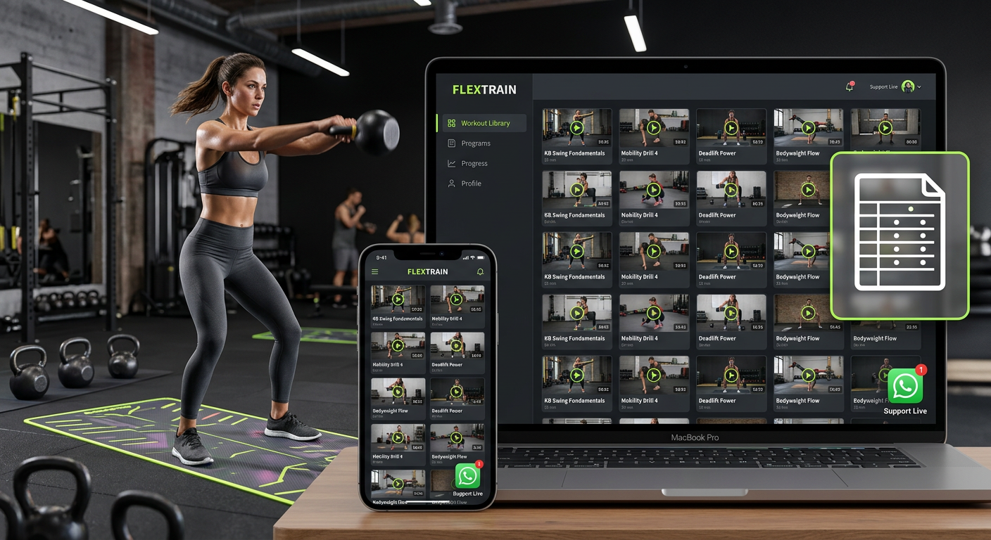 Dashboard da área de membros com 500 miniaturas de treinos funcionais, usuário executando kettlebell swing e ícone de planilha ao lado.