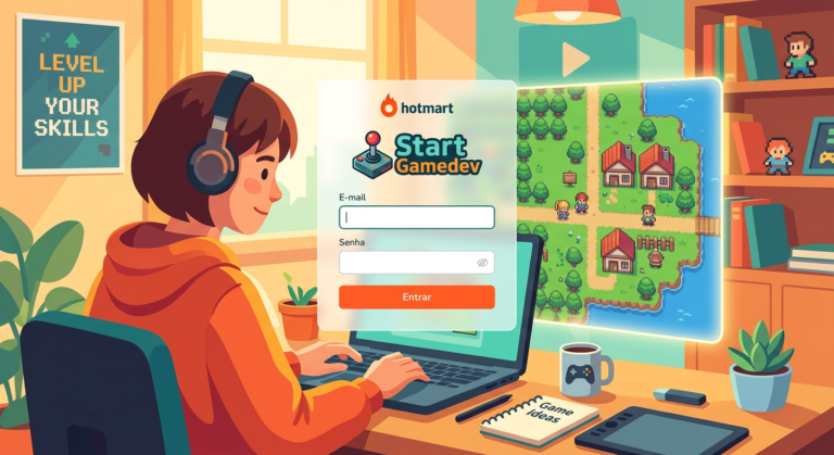 Ilustração de login na plataforma Start Gamedev da Hotmart, mostrando um desenvolvedor iniciante e um mapa RPG 2D ao fundo.