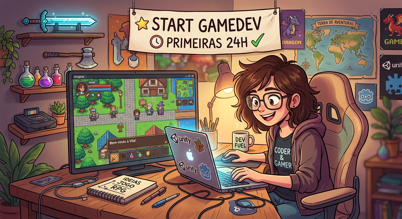 Ilustração de um iniciante em desenvolvimento de jogos criando um RPG 2D top‑down no computador, com mapas, NPCs, crafting e combate visíveis na tela.