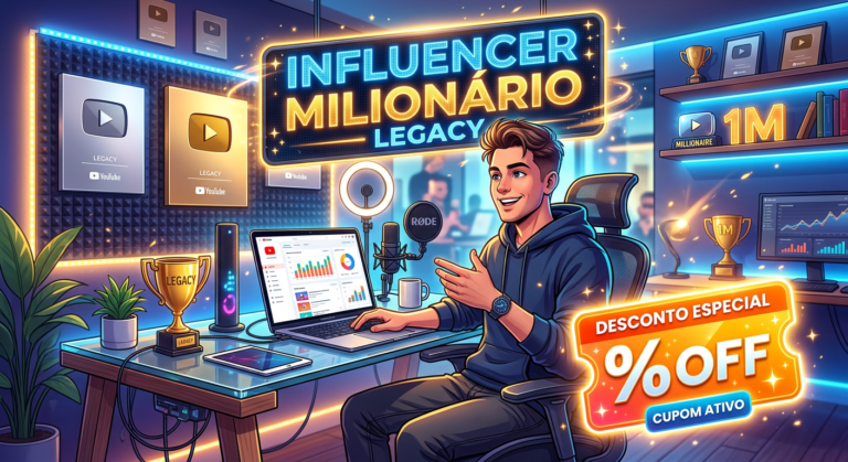 Ilustração de influenciador de sucesso com banner Influencer Milionário LEGACY e cupom de desconto