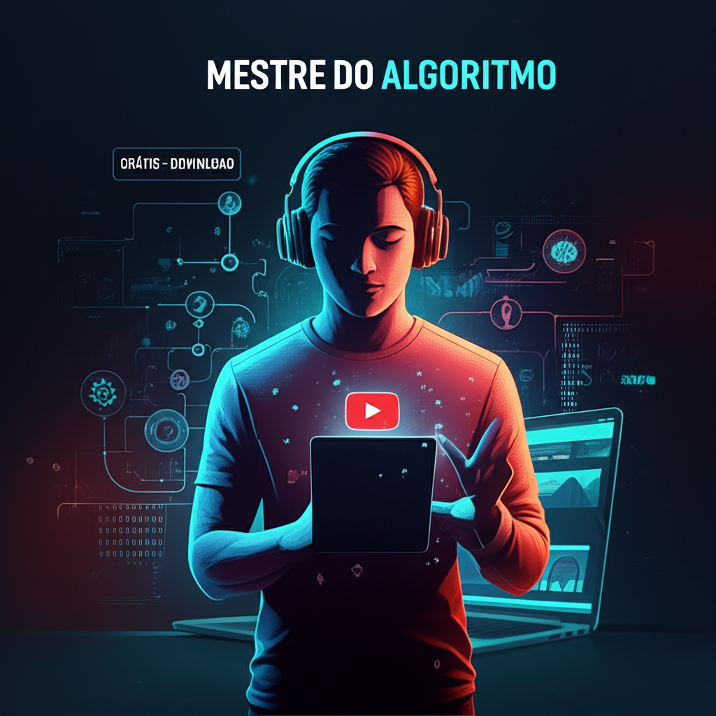 Ilustração digital de um criador de conteúdo anônimo com símbolos de algoritmo, ícones de IA e gráficos de ganhos, destacando o curso gratuito "Mestre do Algoritmo".