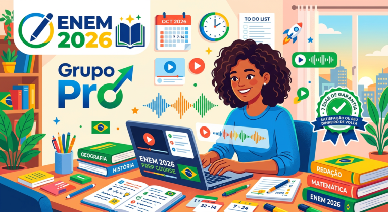 Ilustração de estudante usando laptop e materiais de estudo da Extensiva 2026 do Grupo Pro, com ícones de calendário, relógio e selo de garantia de 7 dias.