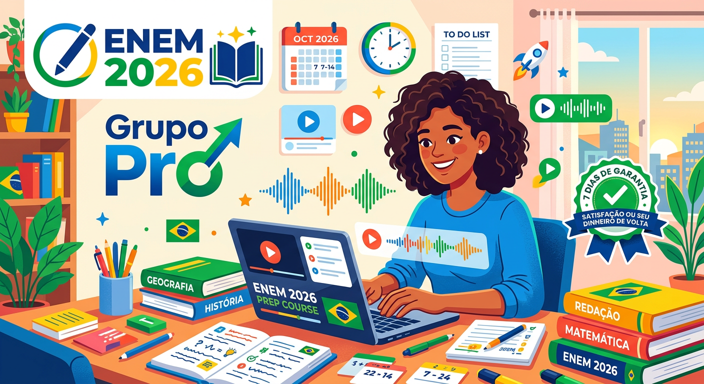 Ilustração de estudante usando laptop e materiais de estudo da Extensiva 2026 do Grupo Pro, com ícones de calendário, relógio e selo de garantia de 7 dias.