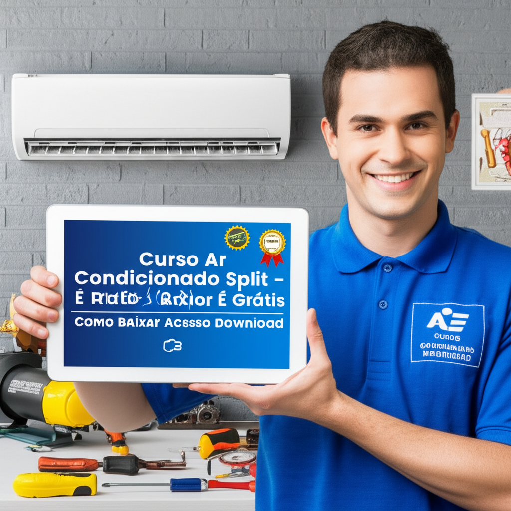 Imagem promocional do Curso de Ar Condicionado Split com técnico, tablet, unidade split e ferramentas de instalação.