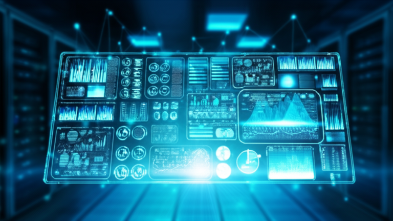 Dashboard futurista de automação de análise de dados com IA, exibindo gráficos e indicadores de produtividade em tempo real.