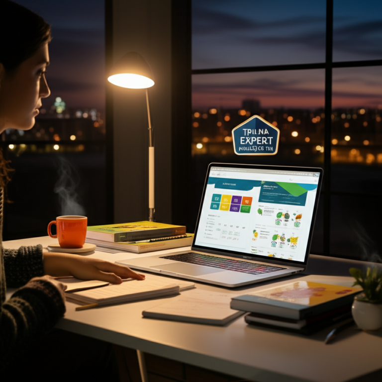 Profissional revisando materiais do curso Trilha Expert Avaliação TEA em um laptop à noite.