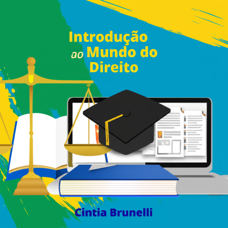 Capa do eBook "Introdução ao Mundo do Direito" com balança da justiça, livro aberto, laptop e cores azul e dourado.