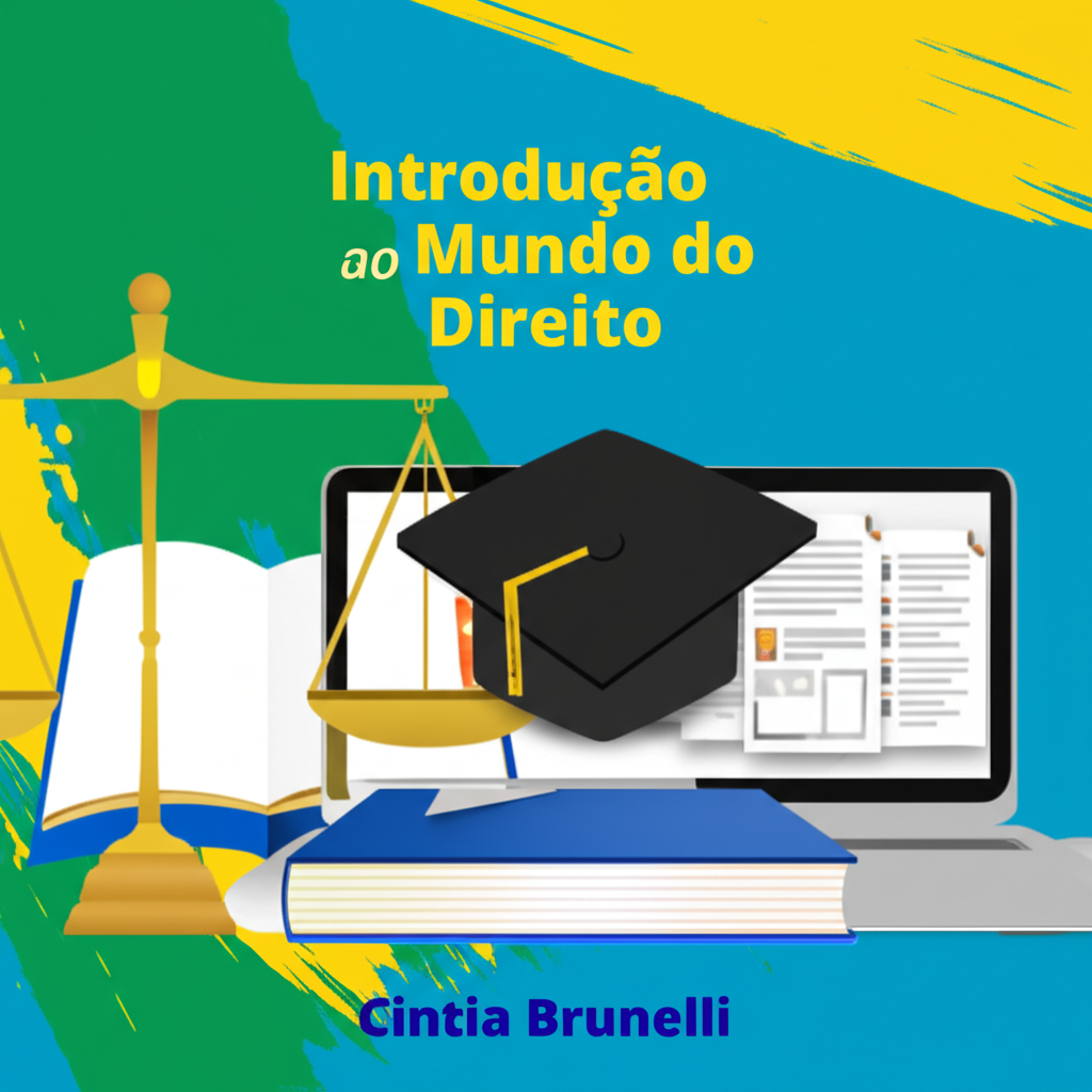 Capa do eBook "Introdução ao Mundo do Direito" com balança da justiça, livro aberto, laptop e cores azul e dourado.